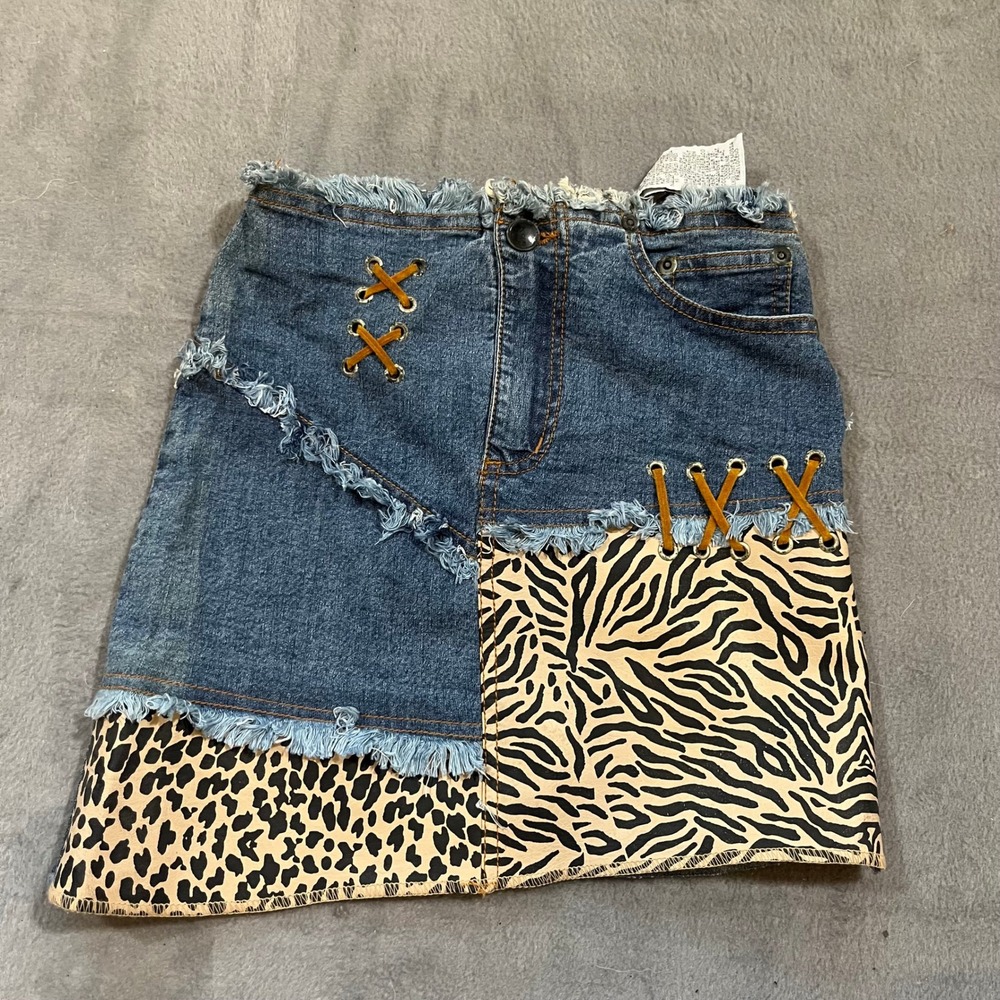 Euro VTG‎ Denim Mini Skirt Y2K Patchwork Animal Print Frayed Hem Laces Blue